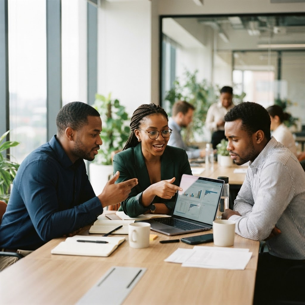 Colleagues collaborating around a laptop in a modern workplace
