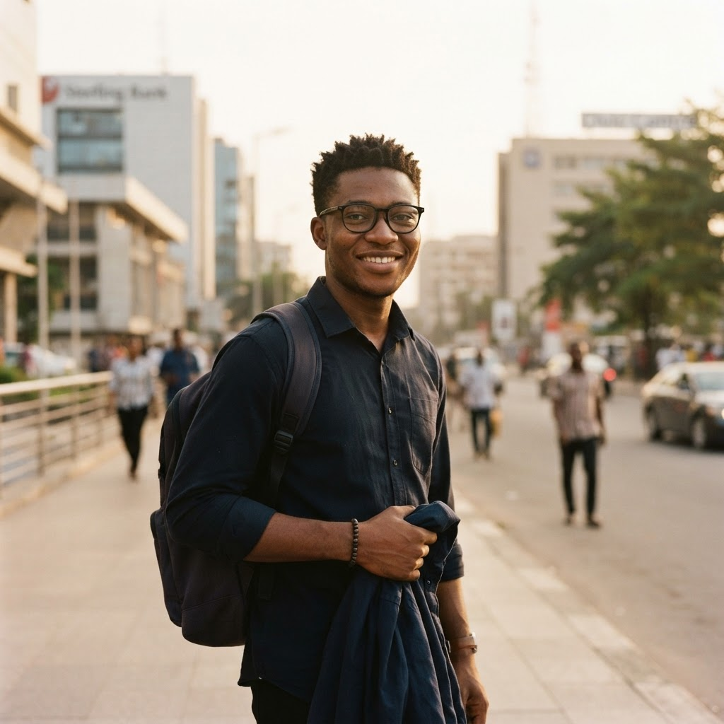 A young graduate with a backpack, smiling, with a city backdrop