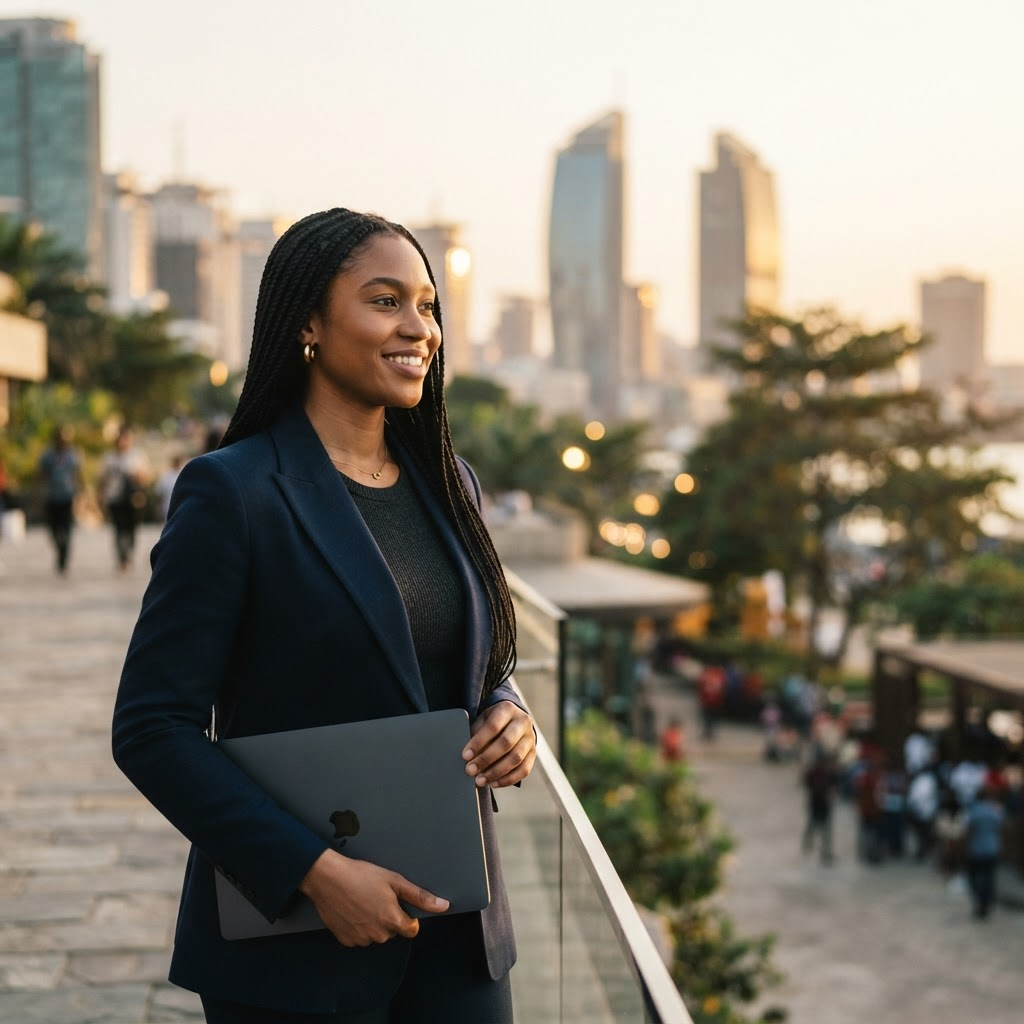 A confident professional holding a laptop, with a modern city skyline behind her