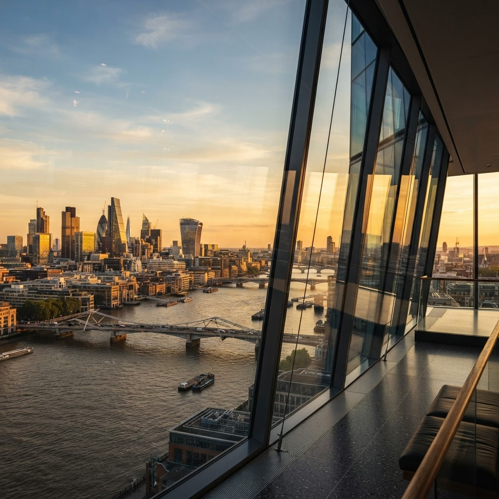 A modern city skyline beside a river at golden-hour sunset, reflected in a glass building