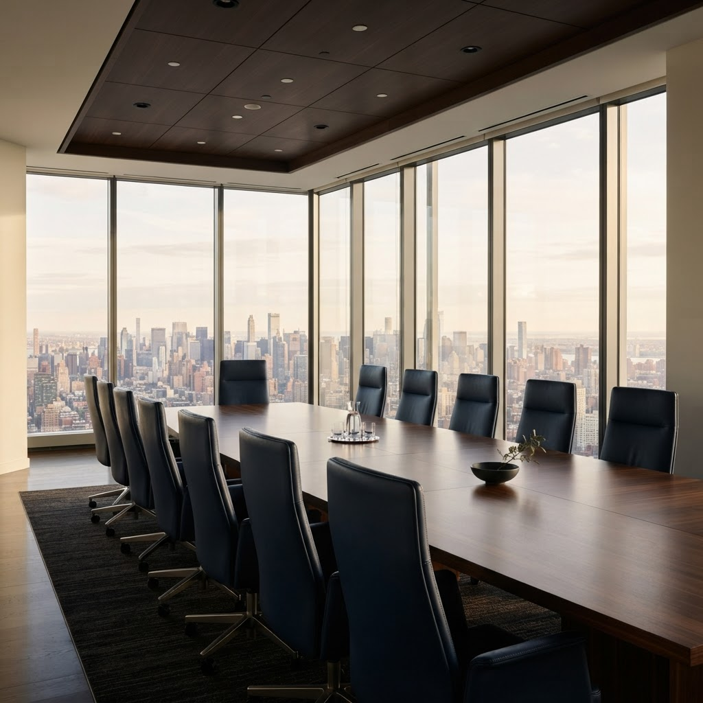 Institutional boardroom interior representing structure, discipline and oversight