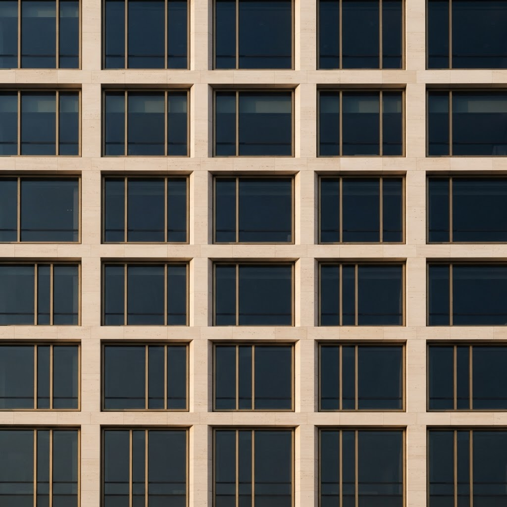 Abstract detail of a modern stone and glass building facade in warm daylight