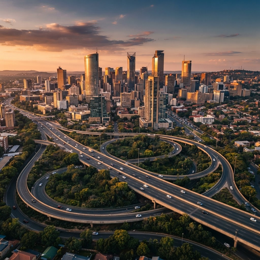 Aerial view of a city skyline and highway interchange at sunset representing infrastructure and growth