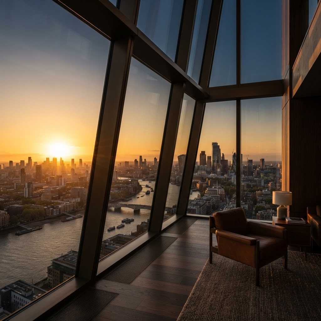 View through a modern glass window wall onto a city skyline at golden-hour sunset