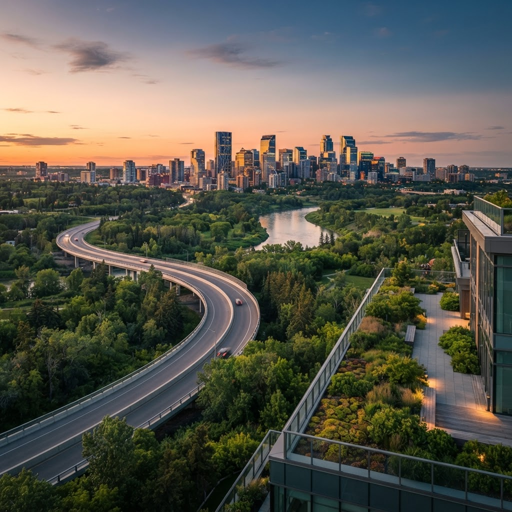 Green river valley and city skyline at sunset representing responsible growth and livable cities